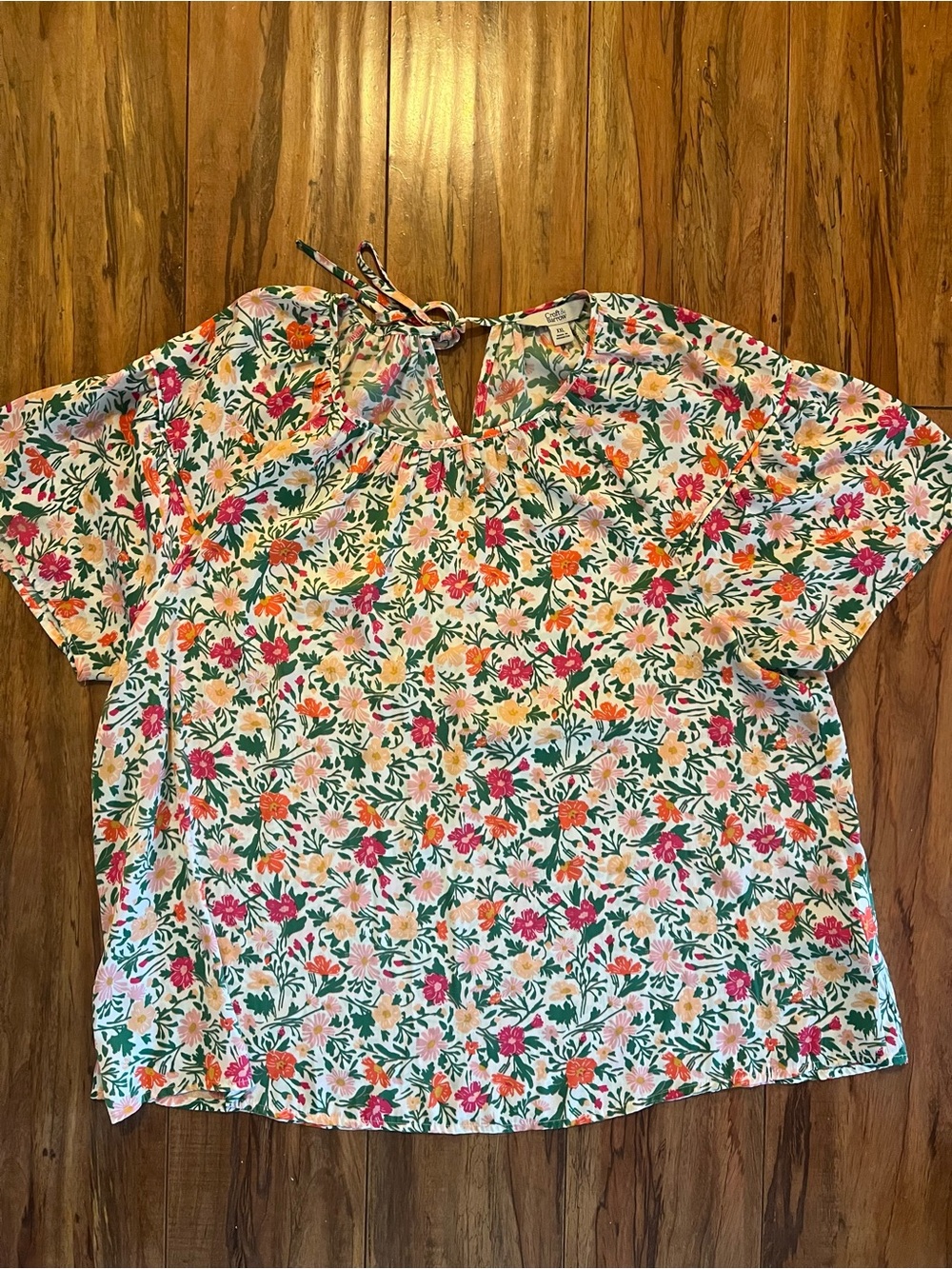 croft & barrow White Floral Tie-Neck Blouse with Pink & Orange Flowers